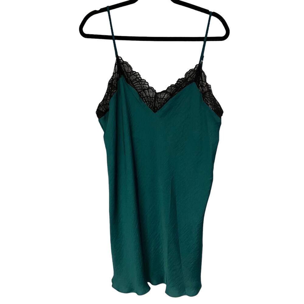 Josie Natori Lingerie Satin Green Lace Trim Chemise Slip Size XL